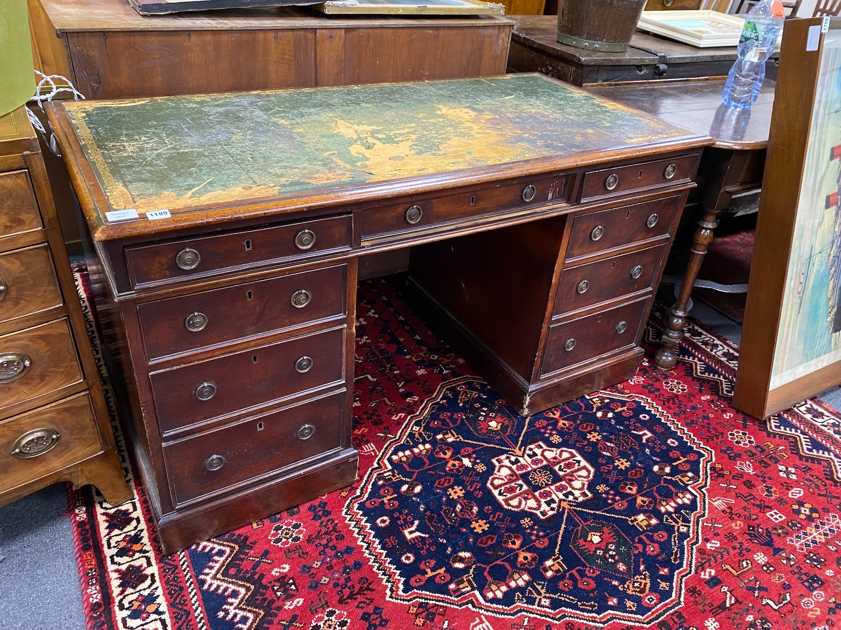 A Victorian mahogany pedestal desk, length 136cm, depth 67cm, height 73cm